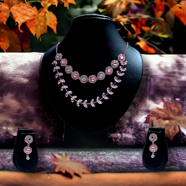Elegant Floral Necklace and Earrings Set with Gemstone Detailing